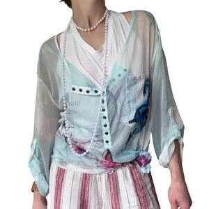 White Floral Butterfly Print Sheer Chiffon Blouse Snap Size Large